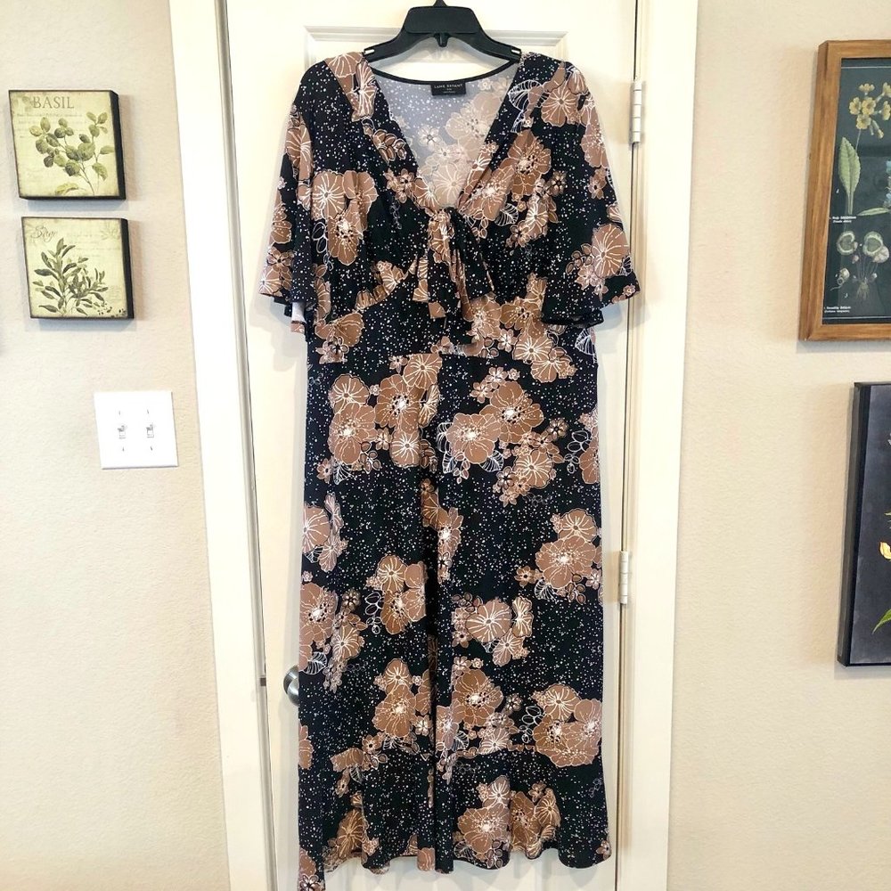 Flutter Sleeve Floral Midi Dress with Tie Neck and Ruffled Bottom